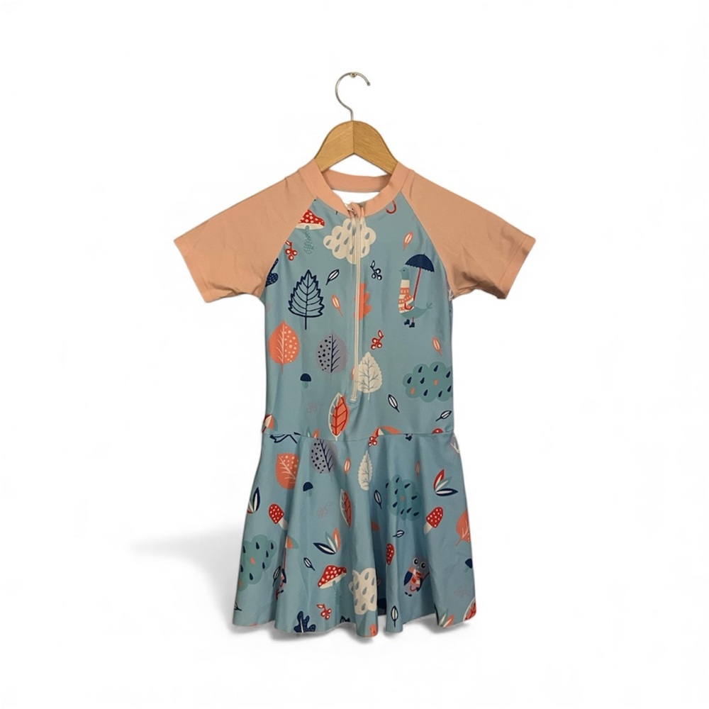 Girls Swimsuit Kids One Piece Bathing Suit Short Sleeve Skort Leaf Owl 5-7 Years